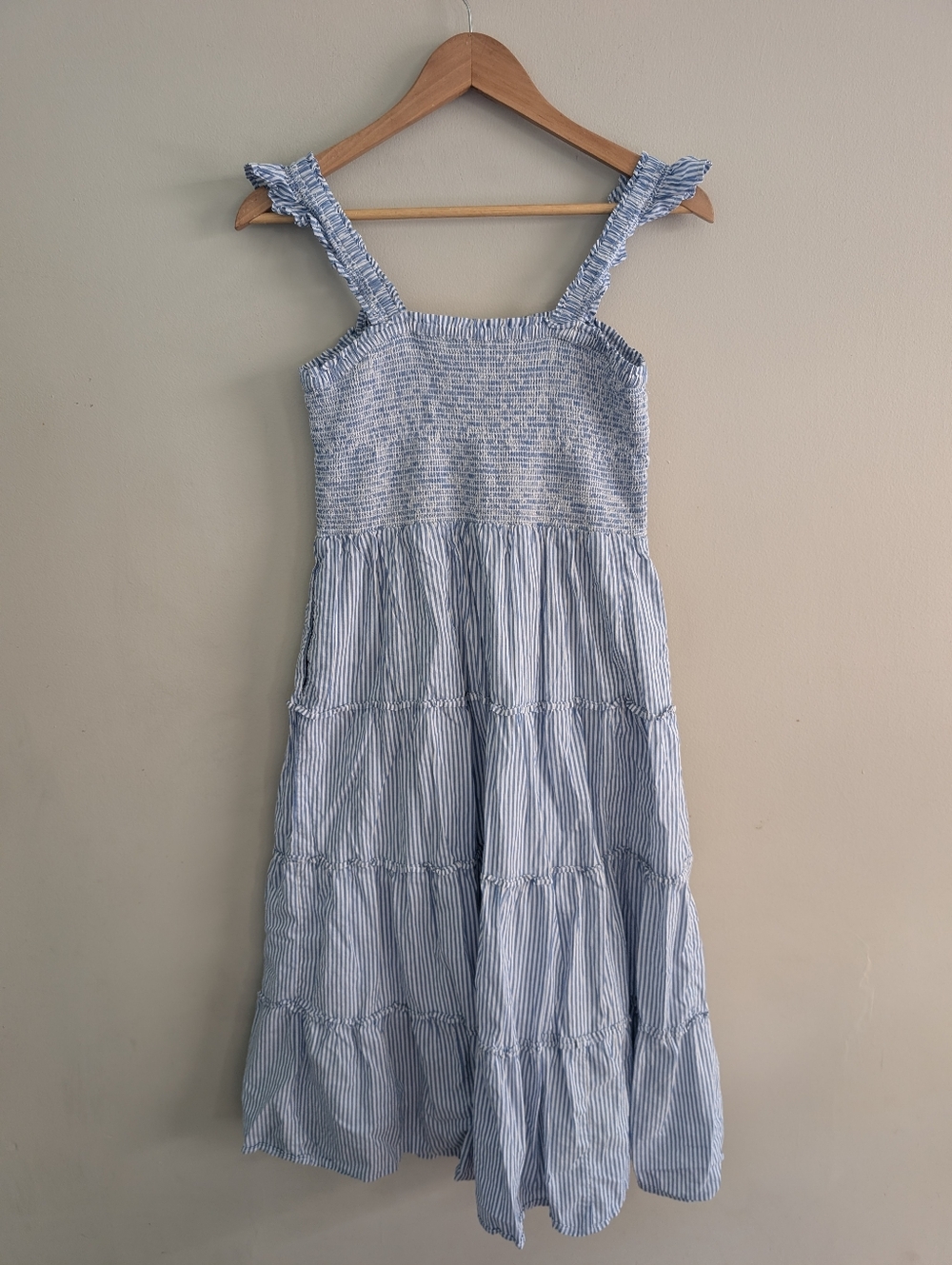 J Crew Blue White Striped Smocked Midi Dress Size S